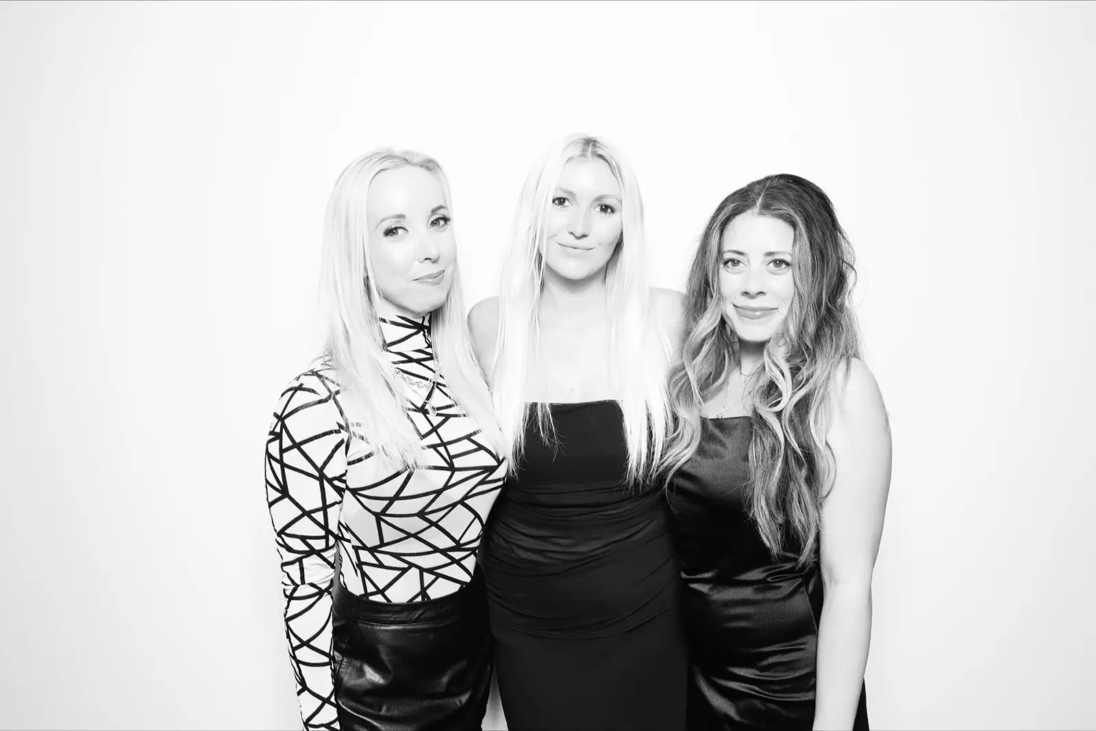 glam photo booth social event trio portrait black white