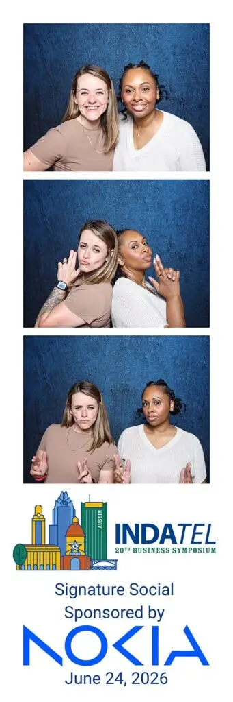 A three-photo booth strip of two women posing playfully, printed with INDATEL Business Symposium and Nokia signature social branding.