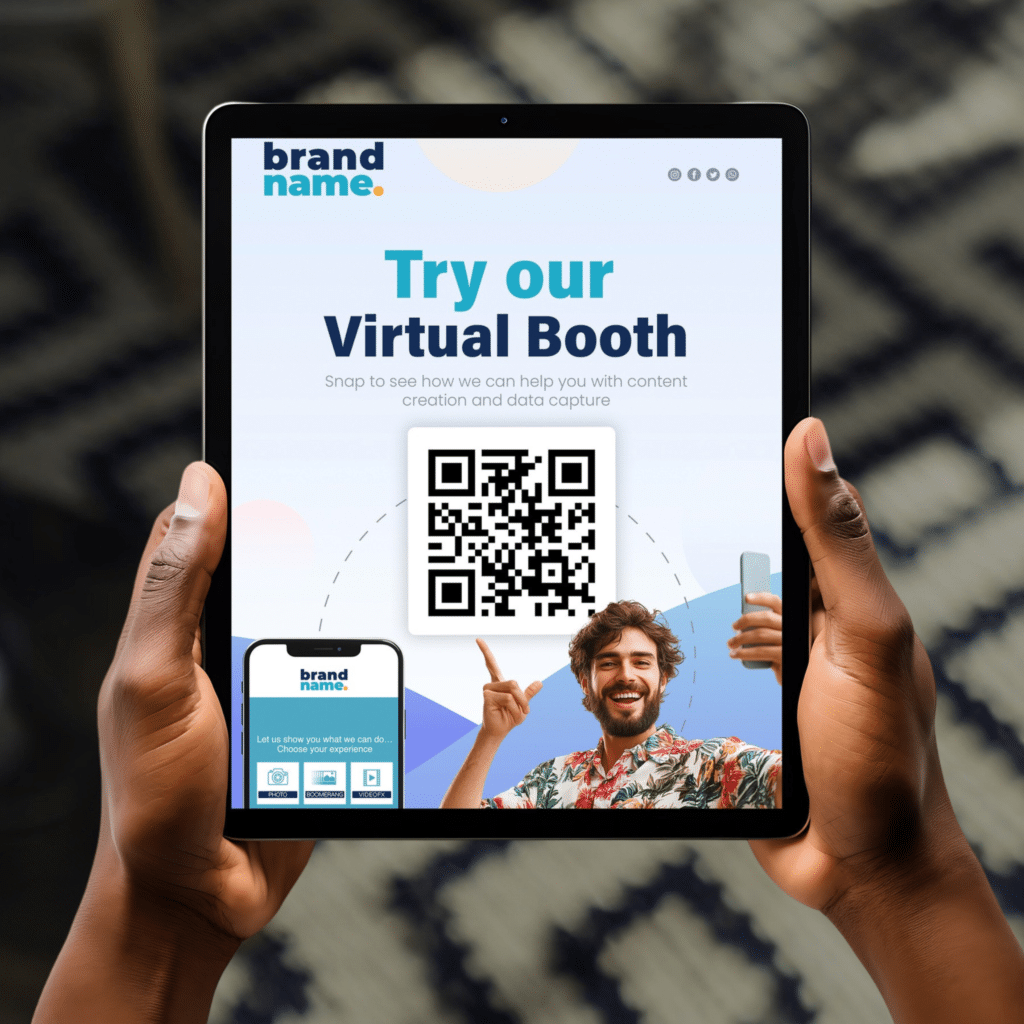 Tablet displaying a Try Our Virtual Booth QR code launch screen for instant branded photo experience access