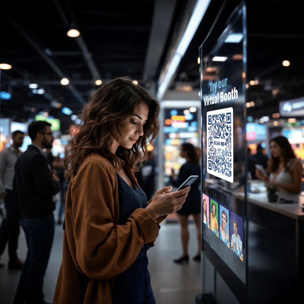 Trade show attendee scanning a QR code to launch a branded virtual photo booth experience by Lumen Activations Want me to create matching captions for each image to use as on-page text overlays or hover descriptions?