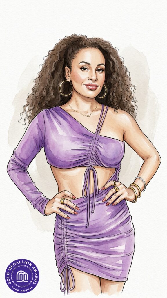 AI-generated watercolor illustration of a guest from the Willow Bridge Gold Medallion Awards, rendered in a fashion sketch style with soft washes, depicting the subject in a purple one-shoulder crop set with gold accessories and the Gold Medallion Awards badge in the lower corner.