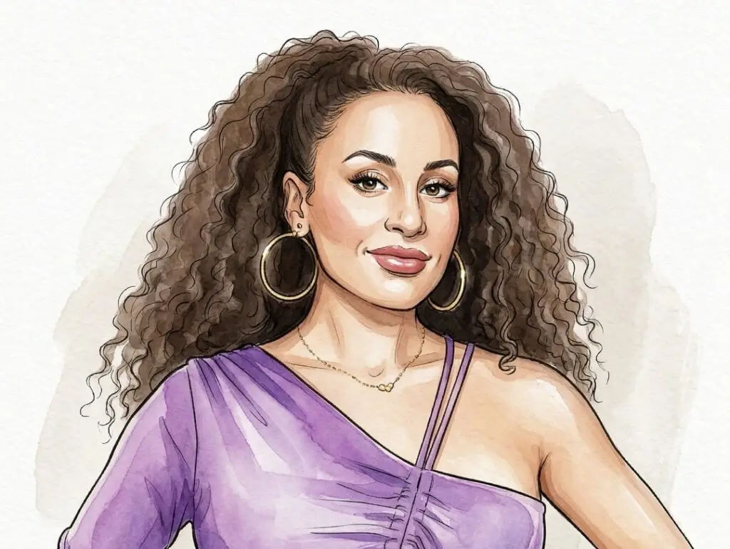 AI-generated watercolor illustration of a guest from the Willow Bridge Gold Medallion Awards, rendered in a fashion sketch style with soft washes, depicting the subject in a purple one-shoulder crop set with gold accessories and the Gold Medallion Awards badge in the lower corner.
