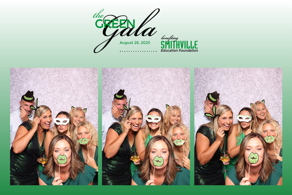 Six guests in green attire crowd together with glitter masks, lips, and cat ears in a three-frame 4x6 print from the Green Gala benefiting the Smithville Education Foundation, a nonprofit fundraiser photo experience by Lumen Activations.
