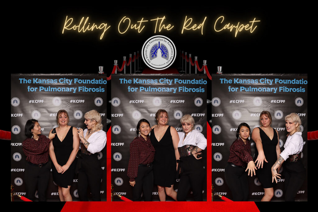 Three guests in black formalwear pose in a three-frame 4x6 print against a branded step and repeat with red carpet stanchions at the Rolling Out The Red Carpet gala for The Kansas City Foundation for Pulmonary Fibrosis, a nonprofit fundraiser photo experience by Lumen Activations.