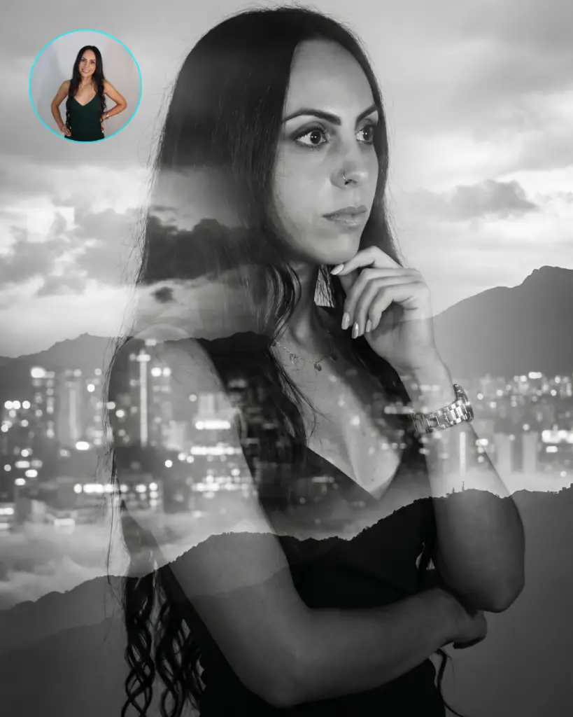 AI-generated black and white double-exposure portrait blending a woman's profile with a city skyline, created at an AI photo booth experience.