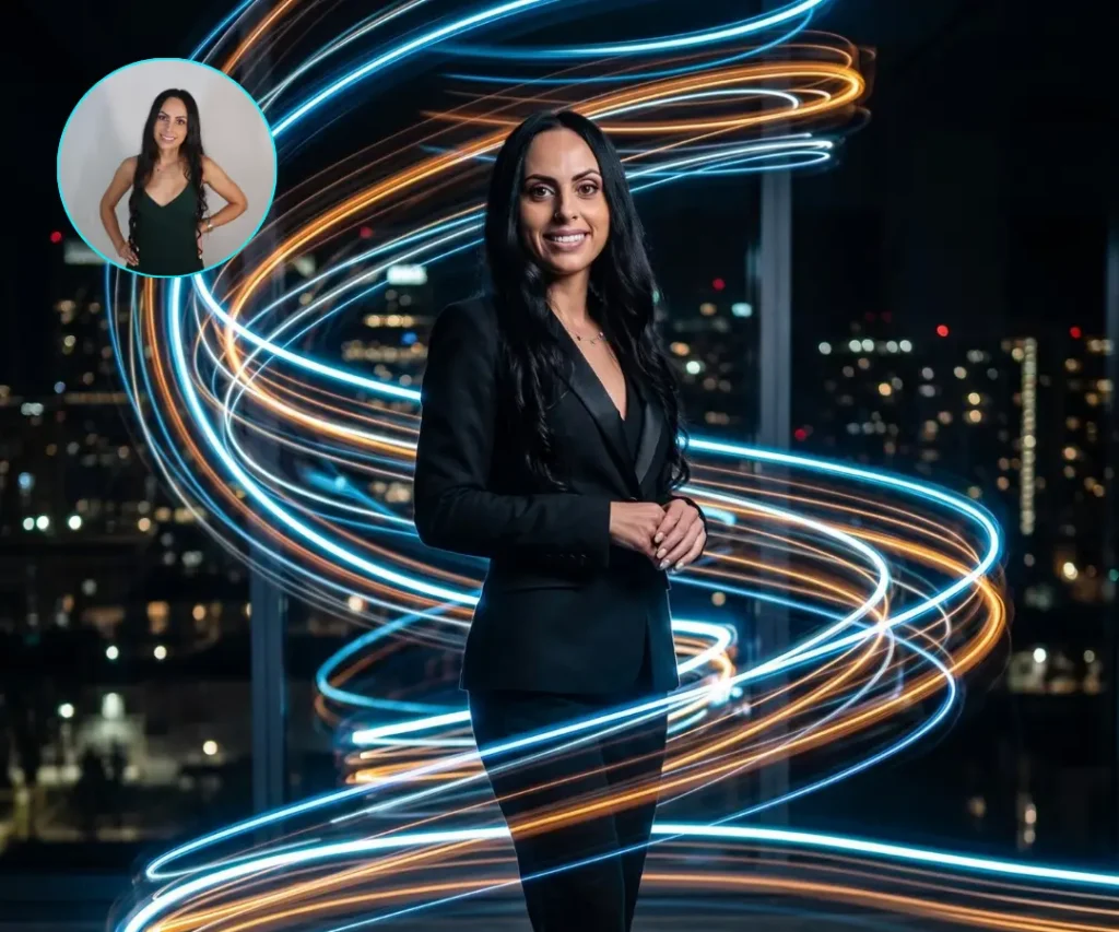 AI-generated portrait of a woman in a black suit standing amid swirling light trails against a night city skyline, created at an AI photo booth experience.
