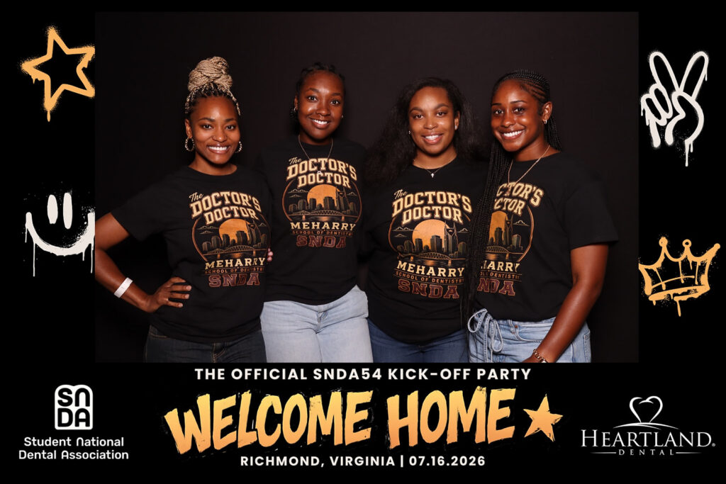 Conference photo booth 4x6 print of four Meharry School of Dentistry students at the SNDA54 Welcome Home kickoff party in Richmond