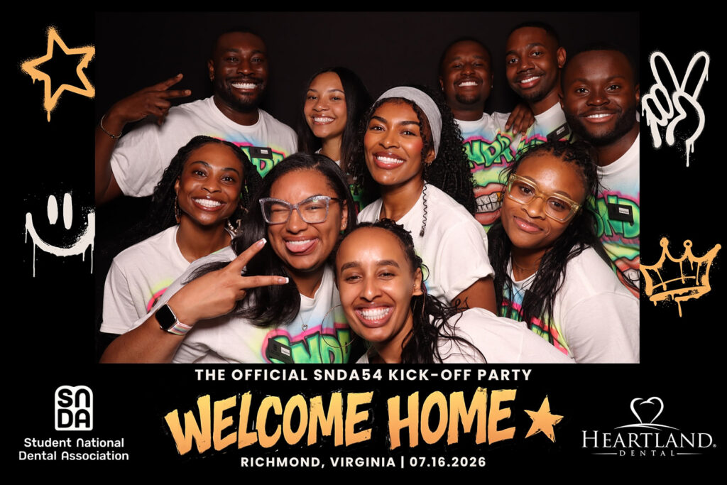 Conference photo booth 4x6 print of a ten-person group at the SNDA54 Welcome Home kickoff party in Richmond