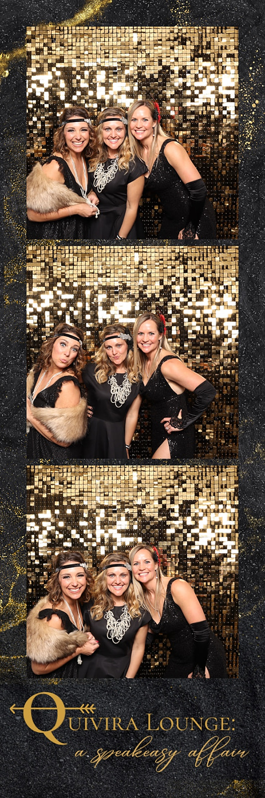 Guests in 1920s-inspired black and gold attire pose against a glittering sequin backdrop, a speakeasy-themed brand activation produced by Lumen Activations.