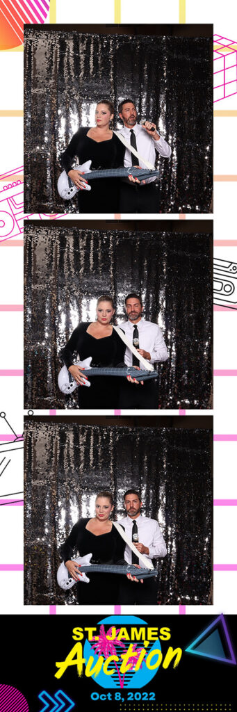 Guests strike a playful 80s-themed pose with a sequin backdrop at the St. James Auction, a branded photo experience by Lumen Activations.