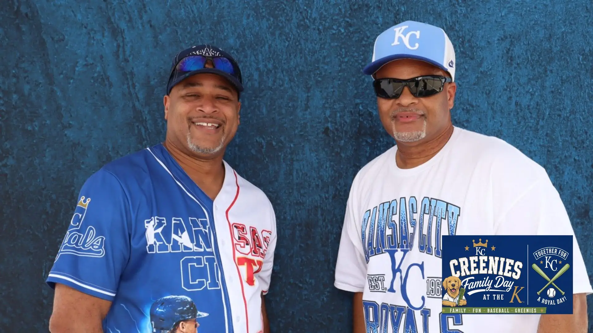 Two guests in Kansas City Royals gear before their AI-generated jersey transformation at a Lumen Activations photo booth