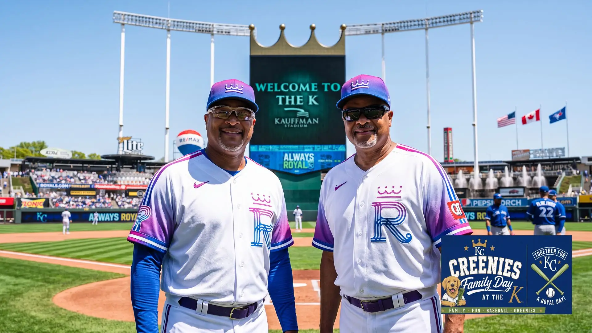 AI photo booth guests transformed into custom Kansas City Royals-style jerseys with a Kauffman Stadium backdrop, created at Greenies Family Day at the K