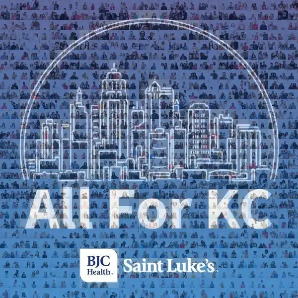 Photo mosaic wall built from 915 guest portraits at the 2026 Plaza Art Fair, forming the Saint Luke's All For KC Kansas City skyline artwork with the BJC Health and Saint Luke's logos.
